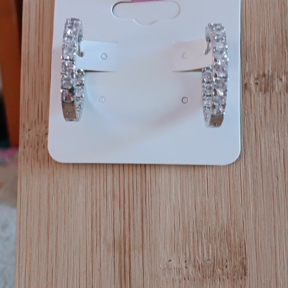 925 FAS Silver Rhinestone Inside Outside  Hoop Earrings